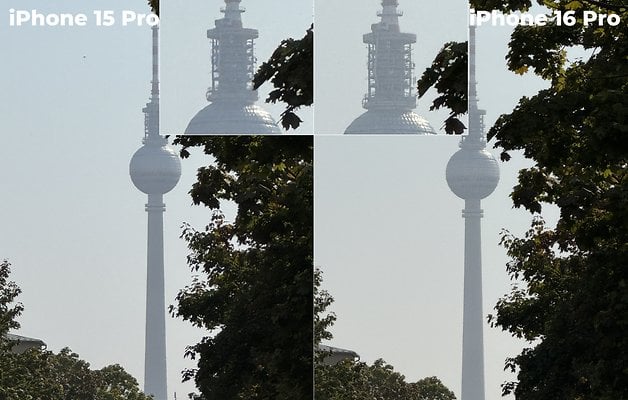 Comparison of images taken with iPhone 15 Pro (left) and iPhone 16 Pro (right) featuring a tower.