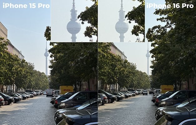 Vergleich zwischen iPhone 15 Pro und iPhone 16 Pro mit einem Straßenblick und einem Fernsehturm im Hintergrund.