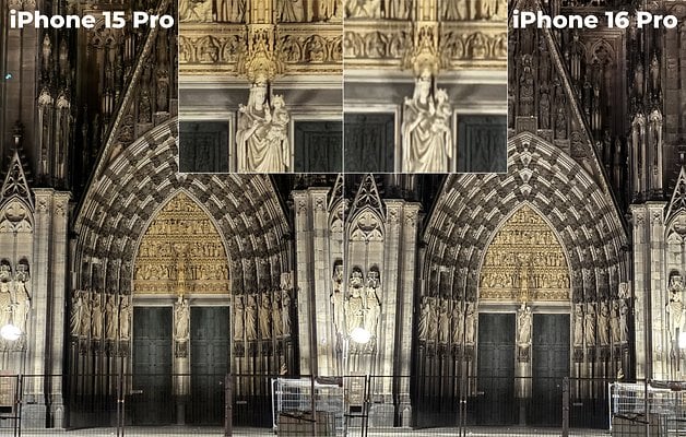 Comparison of images taken with iPhone 15 Pro (left) and iPhone 16 Pro (right) showing architectural details.