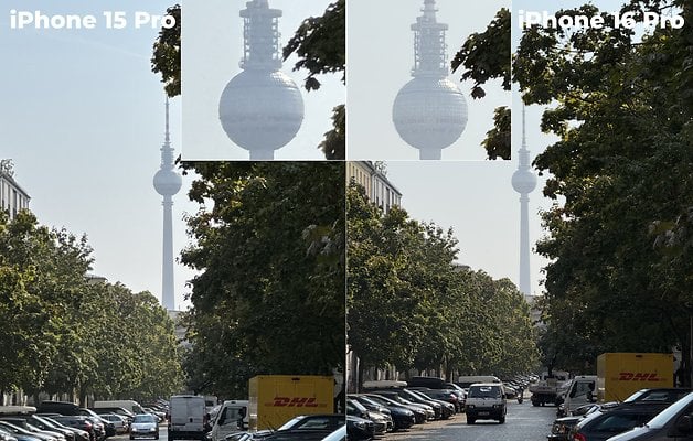 Comparaison de photos prises avec l'iPhone 15 Pro et l'iPhone 16 Pro, montrant la tour de télévision de Berlin.