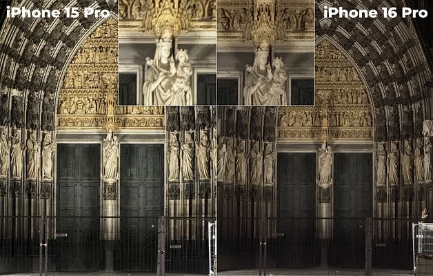 Vergleich von Fotos, die mit iPhone 15 Pro und iPhone 16 Pro aufgenommen wurden, mit Details eines skulptierten Gewölbes.