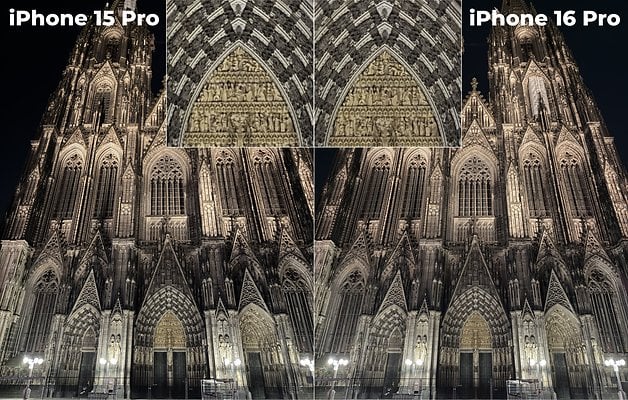 Comparison of photographs taken with iPhone 15 Pro and iPhone 16 Pro showing a gothic cathedral at night.