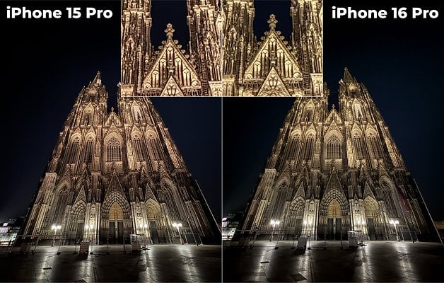 Comparação de fotos tiradas com o iPhone 15 Pro e o iPhone 16 Pro à noite, mostrando uma catedral.