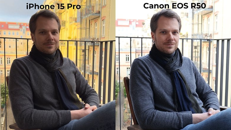 Une même photo prise avec l'iPhone 15 Pro d'un côté et le Canon EOS R50 de l'autre