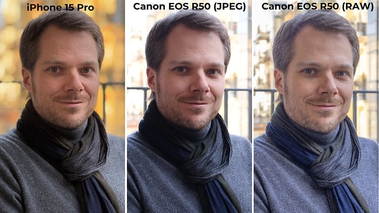 Photo comparative iPhone 15 Pro contre Canon EOS R50 en mode portrait