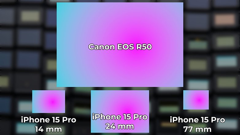 Iinfographie comparant les captures d'images derrière les objectifs de l'iPhone 15 Pro et du Canon EOS R50