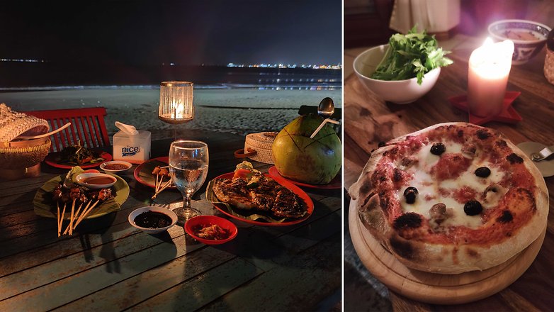 A night beach dining setup with food, drinks, and candlelight.