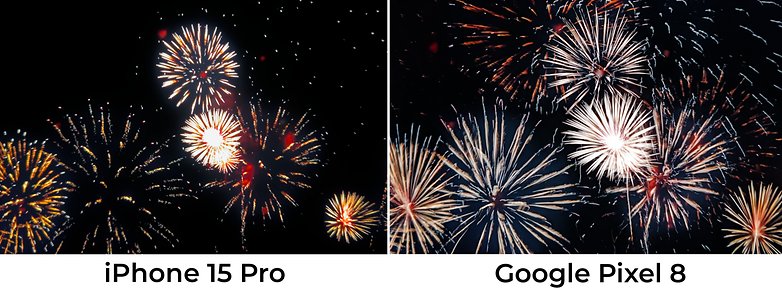 Pixel 8 und iPhone 15 Pro Feuerwerksfoto im Vergleich