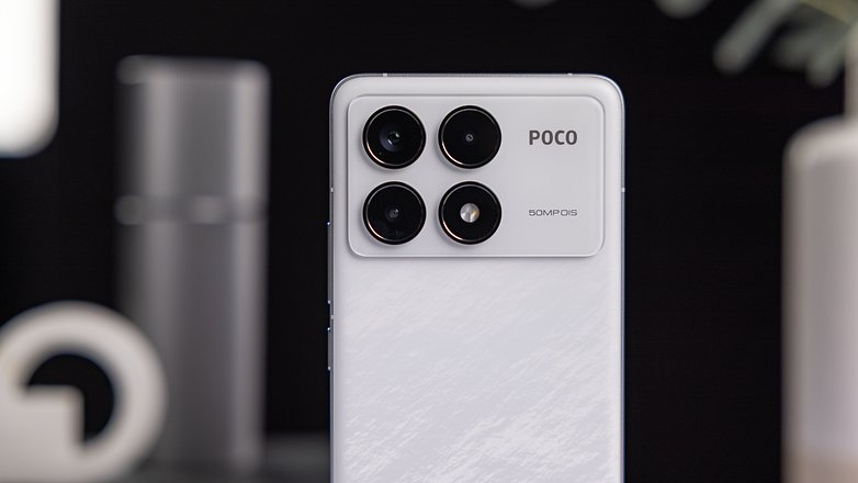 Close up at the Poco F6 Pro camera island showing four modules with three cameras and one flash ring.