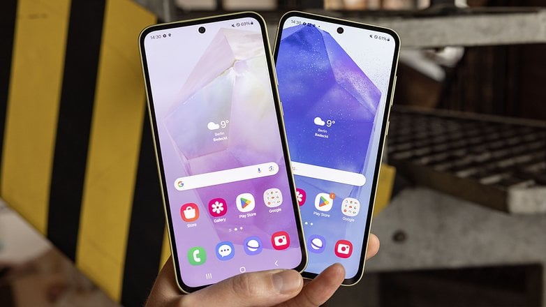 Samsung Galaxy A35 and A55 with their home screen on display