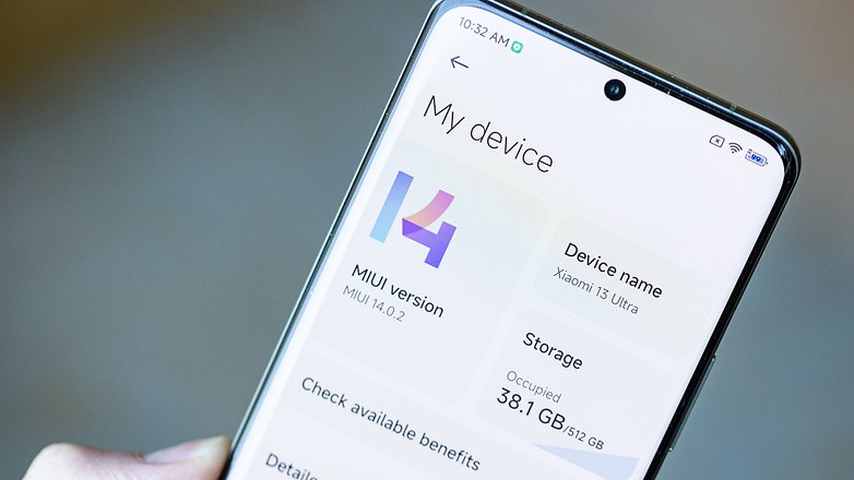 Xiaomi 13 Ultra displaying the "My device" screen with software and storage information