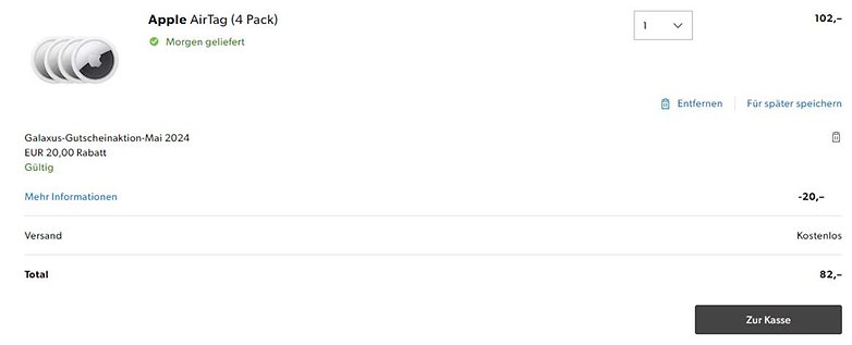 Galaxus-Angebot mit Gutschein zu den Apple AirTags 4er-Pack für 82 Euro