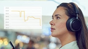 Eine Frau trägt Philips-Kopfhörer, ein Preisverlauf ist zu sehen