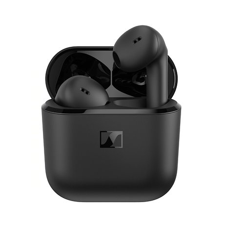 Fones de ouvido sem fio Sennheiser pretos em seu estojo de carregamento.