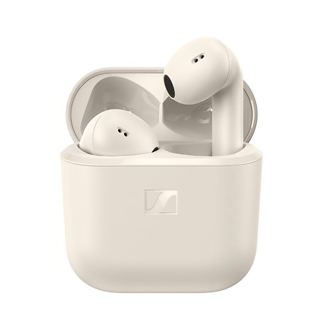 Fones de ouvido Sennheiser em seu estojo de carregamento, exibidos com a tampa aberta.