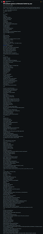 Capture d'écran prise sur Reddit montrant une liste de tous les jeux exclusifs sortis sur la Nintendo Switch depuis 2017.