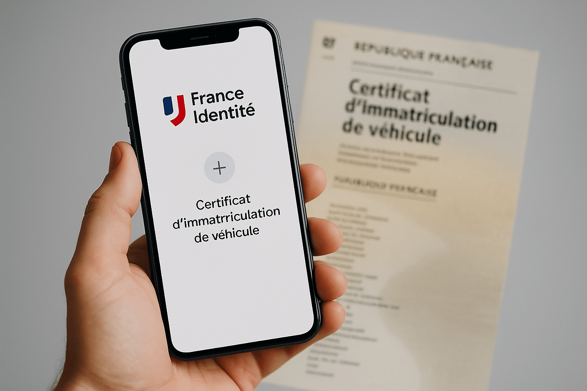 Un smartphone affichant un certificat d'immatriculation de véhicule numérique à côté d'un document imprimé.