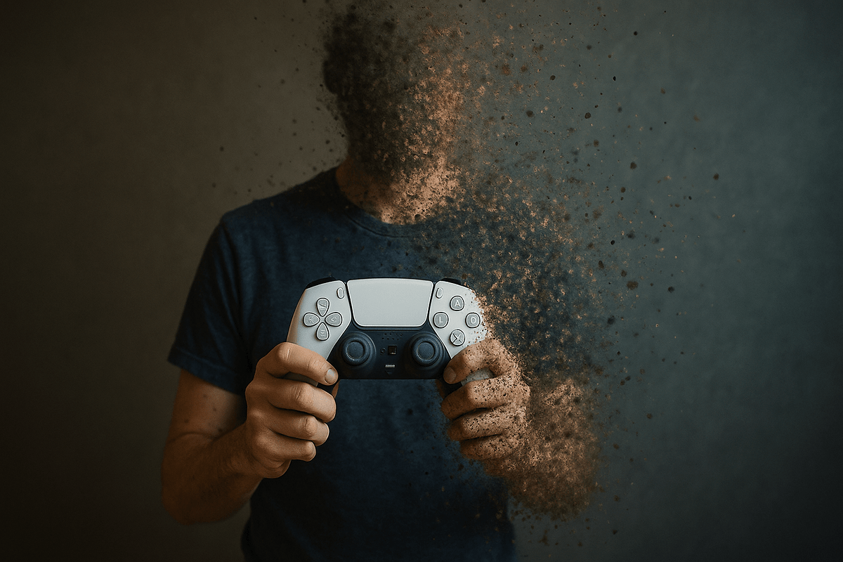 Une personne tient une manette PlayStation, se transformant en poussière, symbolisant le message 'stop killing games'.