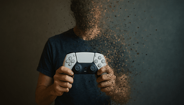 Une personne tient une manette PlayStation, se transformant en poussière, symbolisant le message 'stop killing games'.