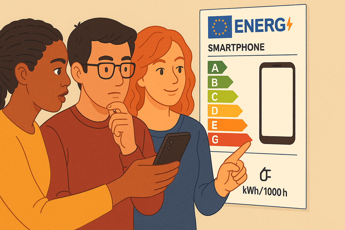 Trois personnes regardent une étiquette d'énergie pour smartphone montrant des notes de A à G.
