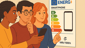 Trois personnes regardent une étiquette d'énergie pour smartphone montrant des notes de A à G.