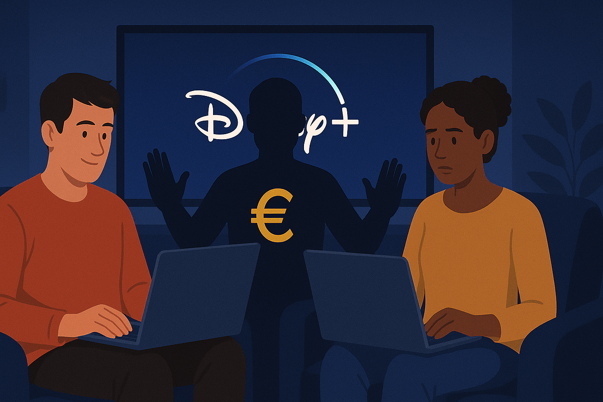 Deux personnes travaillant sur des ordinateurs portables avec un logo Disney+ en arrière-plan et une silhouette gesticulant.