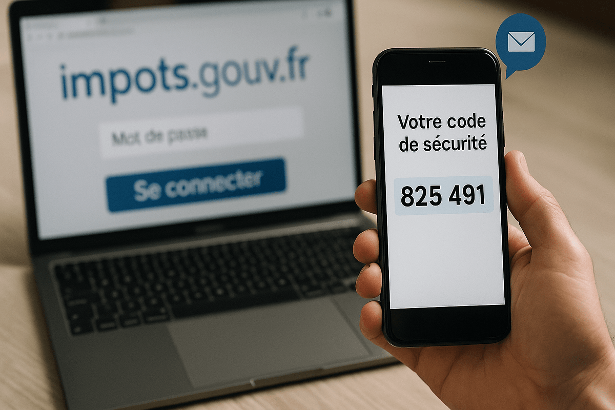 Une main tenant un téléphone affichant un code de sécurité, avec un ordinateur portable montrant la page de connexion impots.gouv.fr.
