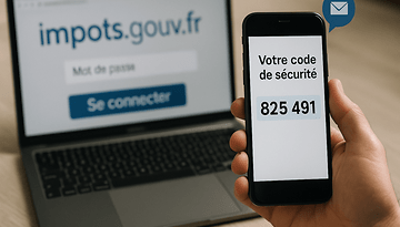 Une main tenant un téléphone affichant un code de sécurité, avec un ordinateur portable montrant la page de connexion impots.gouv.fr.