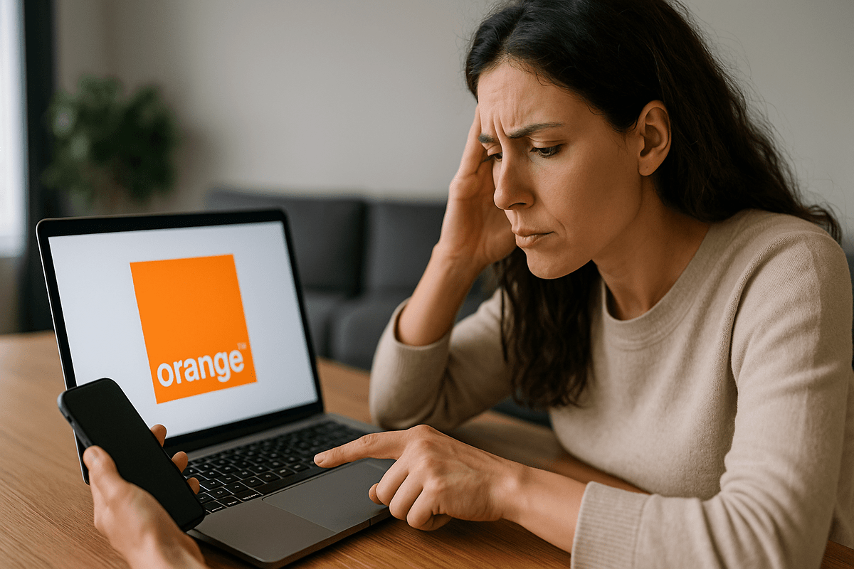 Femme stressée utilisant un ordinateur portable et un smartphone affichant le logo Orange.
