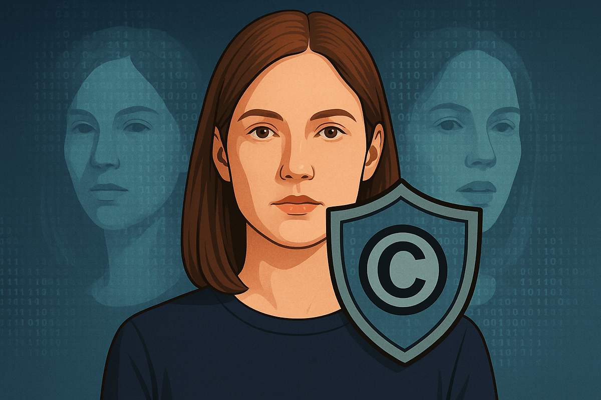 Une femme avec un bouclier de copyright protecteur, superposé par un code binaire numérique et des images floues de son visage.