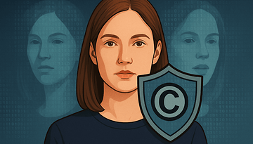 Une femme avec un bouclier de copyright protecteur, superposé par un code binaire numérique et des images floues de son visage.