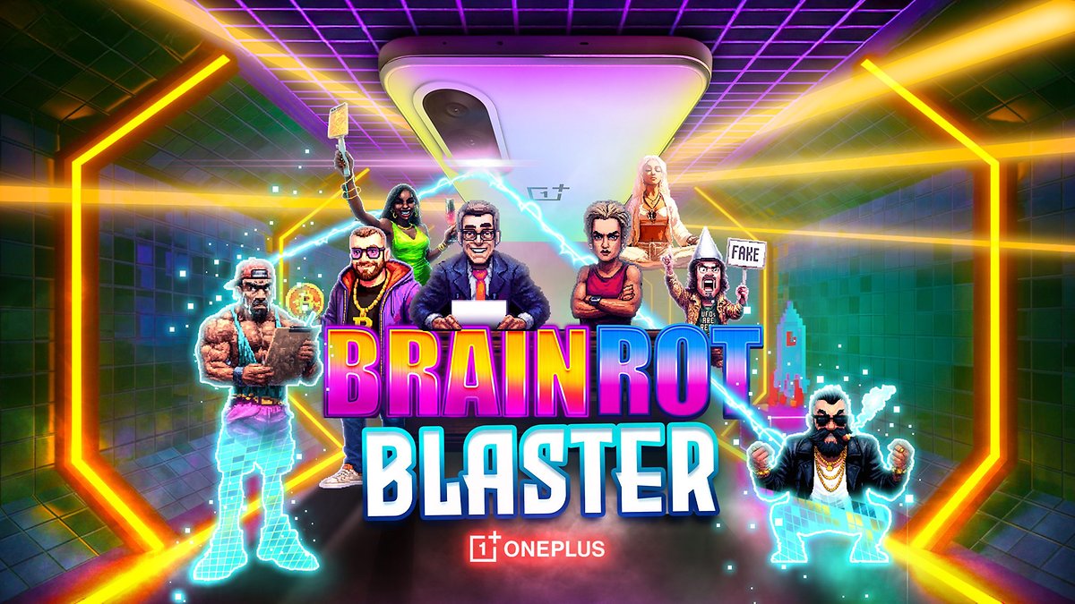 Une couverture de jeu colorée pour 'Brain Rot Blaster' avec divers personnages et le logo OnePlus.