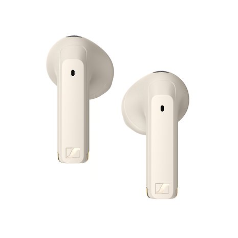 Fones de ouvido Sennheiser na cor bege, mostrando a vista lateral e superior.