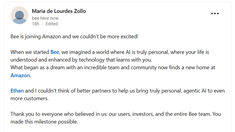 Maria de Lourdes Zollo announces Bee's joining Amazon, expressing excitement about the partnership. Maria de Lourdes Zollo announces Bee's joining Amazon, expressing excitement about the partnership.