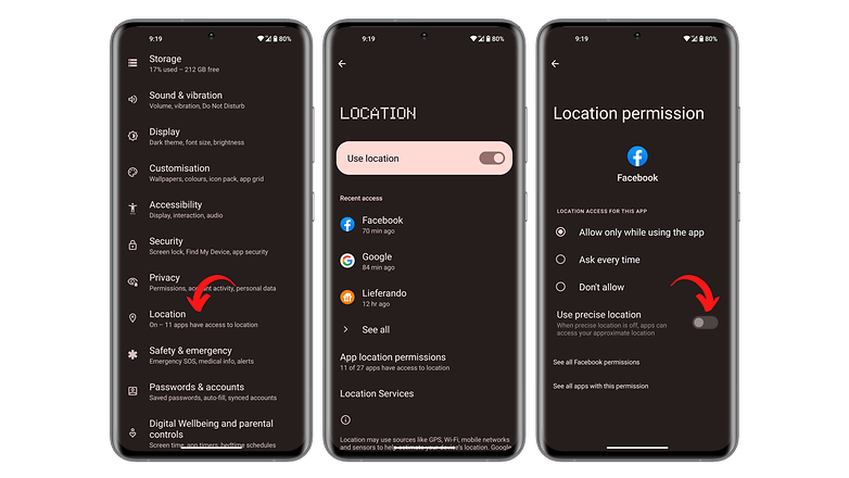 Screenshots zum Widerrufen des Standortzugriffs unter Android