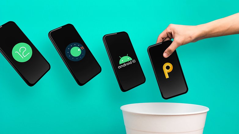verschiedene Android-Smartphones mit unterschiedlichen Android-Versionen auf dem Weg zum Mülleimer