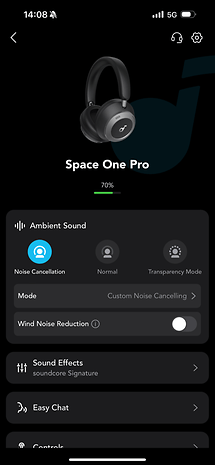 Capture d'écran de l'application du casque Bluetooth Soundcore Space One Pro.