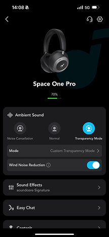 Capture d'écran de l'application du casque Bluetooth Soundcore Space One Pro.