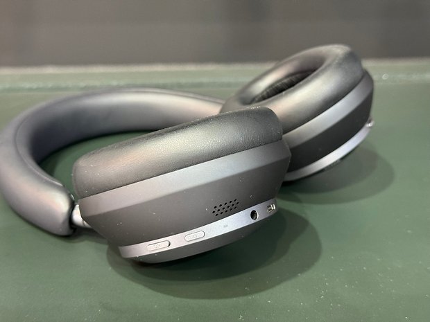 The Soundcore Space One Pro Bluetooth headphones with its 3.5 mm port up close.