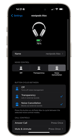 Capture d'écran des réglages iOS 17 de l'AirPods Max avec les fonctions de réduction de bruit active et de transparence