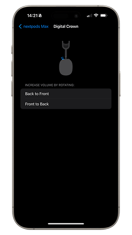 Screenshot der iOS 17-Einstellungen der AirPods Max, auf dem die Änderung der Drehrichtung der Krone