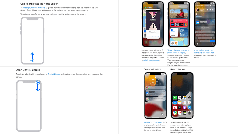 Screenshots mit Erklärungen zu Apples Navigationsgesten