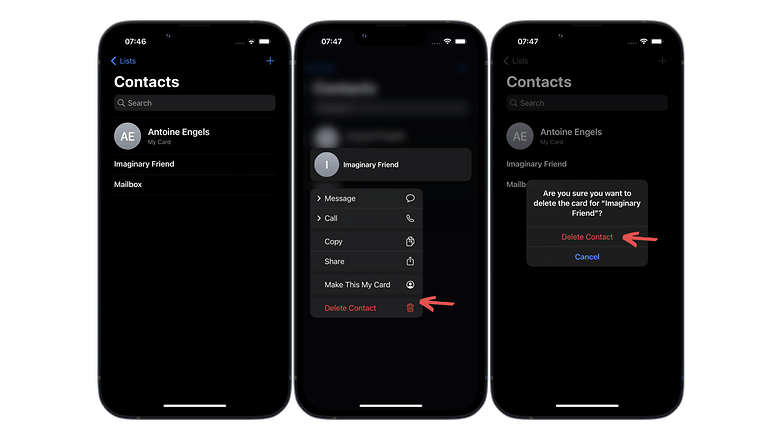 Screenshots on how to remove contacts from your personal list