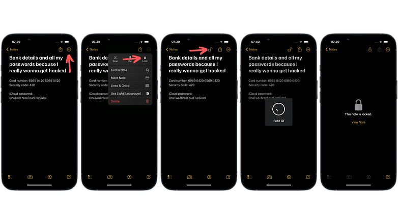 Screenshots demonstrating how to secure notes in the Notes app on iOS