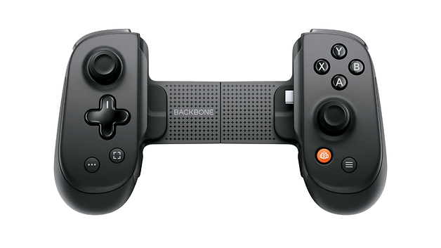Um controlador de jogos Backbone Pro preto com botões e um d-pad.