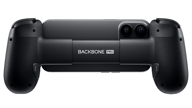 Controlador de jogos móvel Backbone Pro com design ergonômico e acabamento preto elegante.