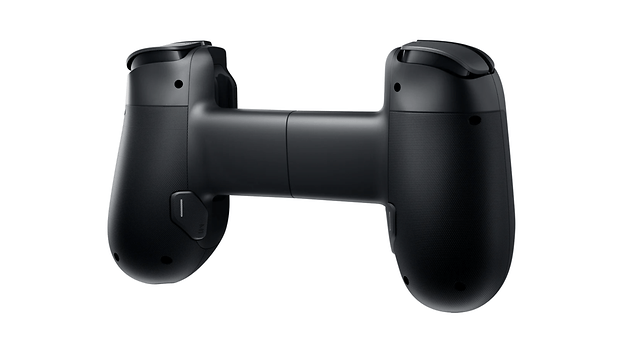 Controlador de jogos Backbone Pro preto, mostrando as pegas e botões de uma vista superior.