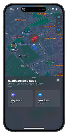 Find My app screenshot showing the location of Beats Solo Buds on an iPhone.