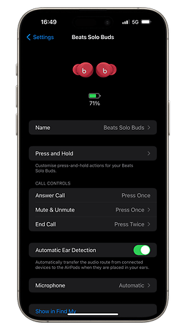 Screenshot of the Beats Solo Buds' settings in iOS 17 settings.