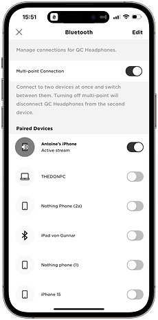 Screenshots aus der Bose-Music-App für die Bose QuietComfort Headphones